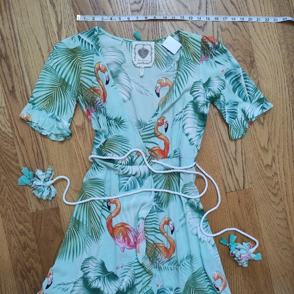 Z&L Europe Flamingo High Low Wrap Dress Women's XS ruffle palm tropical - Picture 11 of 13
